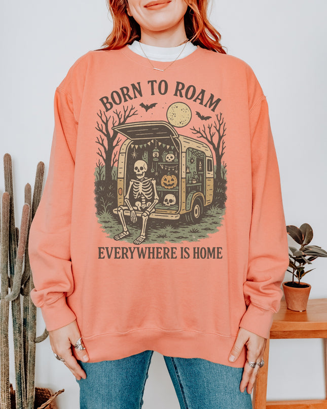 Born to Roam Halloween Sweatshirt – Skeleton Camper Van Spooky Cozy Crewneck