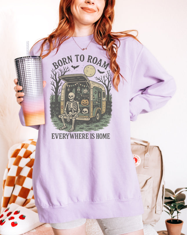 Born to Roam Halloween Sweatshirt – Skeleton Camper Van Spooky Cozy Crewneck