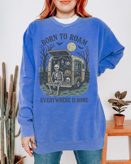 Born to Roam Halloween Sweatshirt – Skeleton Camper Van Spooky Cozy Crewneck