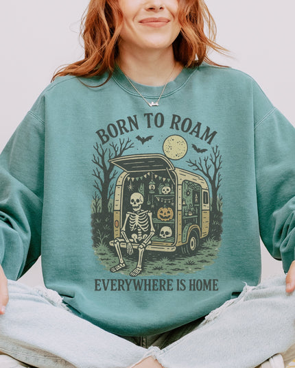 Born to Roam Halloween Sweatshirt – Skeleton Camper Van Spooky Cozy Crewneck