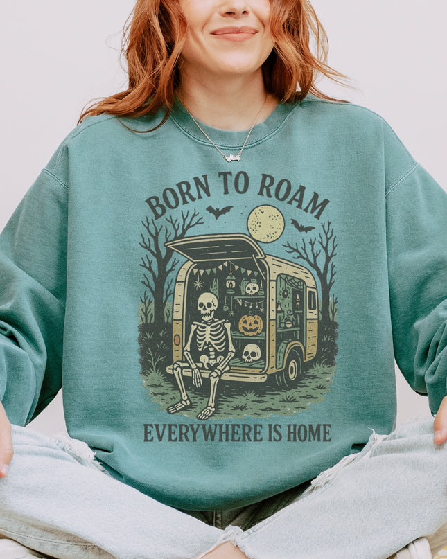 Born to Roam Halloween Sweatshirt – Skeleton Camper Van Spooky Cozy Crewneck