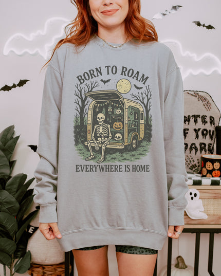 Born to Roam Halloween Sweatshirt – Skeleton Camper Van Spooky Cozy Crewneck