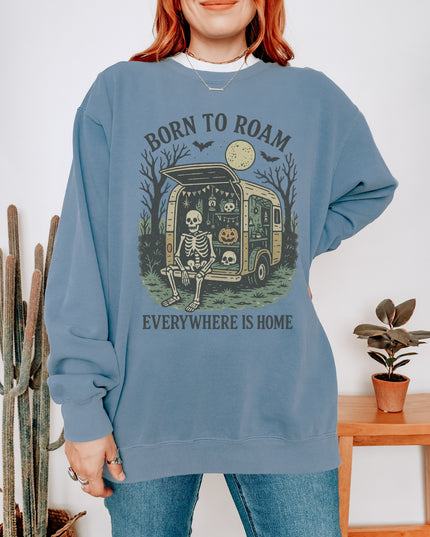 Born to Roam Halloween Sweatshirt – Skeleton Camper Van Spooky Cozy Crewneck