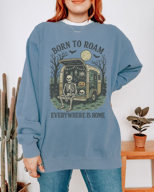Born to Roam Halloween Sweatshirt – Skeleton Camper Van Spooky Cozy Crewneck