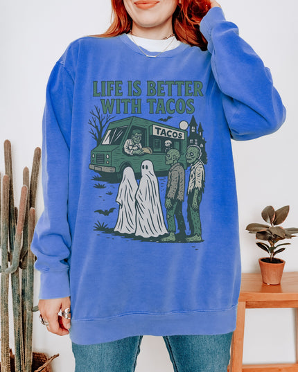 Life Is Better With Tacos Halloween Sweatshirt – Funny Ghost & Zombie Taco Crewneck