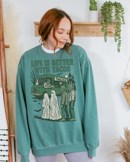 Life Is Better With Tacos Halloween Sweatshirt – Funny Ghost & Zombie Taco Crewneck
