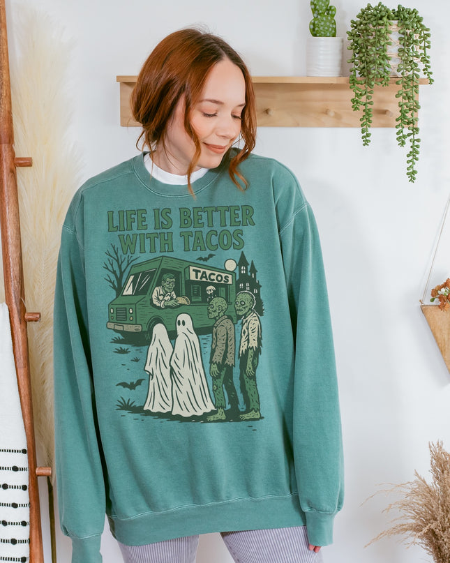 Life Is Better With Tacos Halloween Sweatshirt – Funny Ghost & Zombie Taco Crewneck