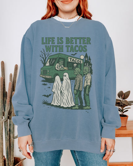 Life Is Better With Tacos Halloween Sweatshirt – Funny Ghost & Zombie Taco Crewneck