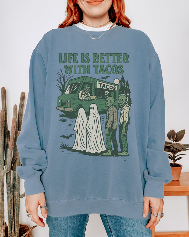 Life Is Better With Tacos Halloween Sweatshirt – Funny Ghost & Zombie Taco Crewneck