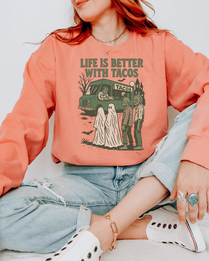 Life Is Better With Tacos Halloween Sweatshirt – Funny Ghost & Zombie Taco Crewneck