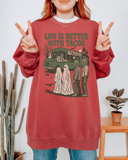 Life Is Better With Tacos Halloween Sweatshirt – Funny Ghost & Zombie Taco Crewneck