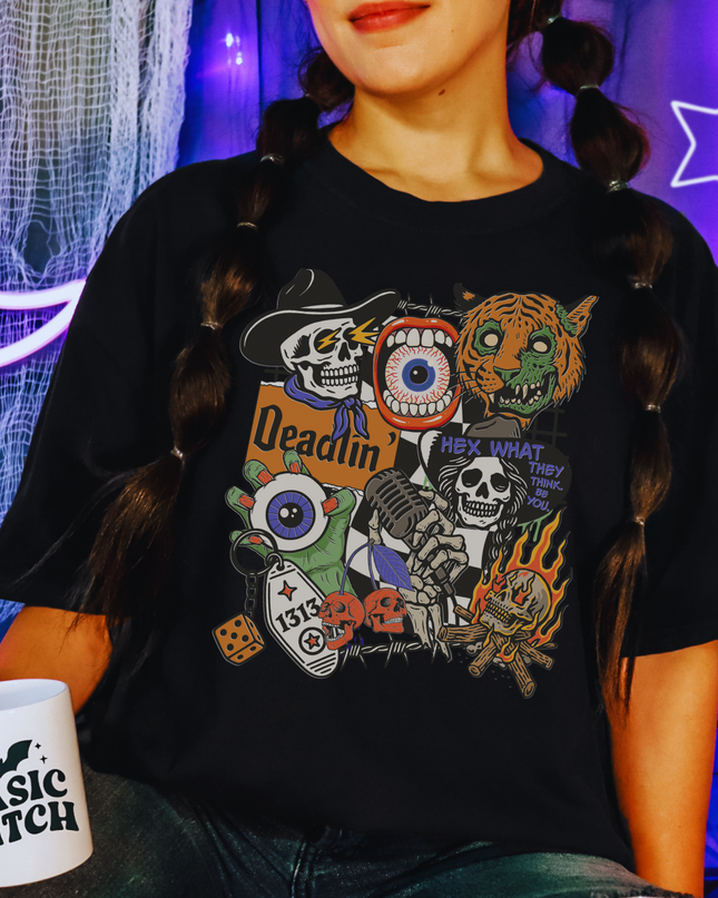 Spooky Retro Halloween Graphic Tee – Witchy Goth T-Shirt with Skeletons, Tiger, Eyeball & Flames | Vintage Horror Aesthetic