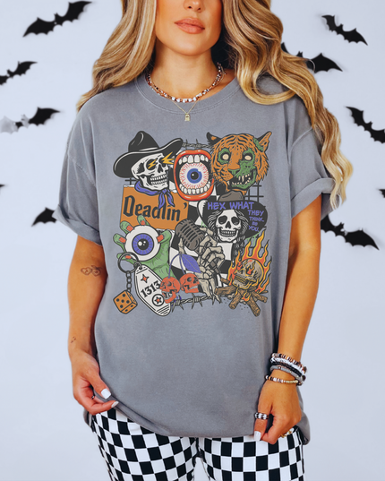Spooky Retro Halloween Graphic Tee – Witchy Goth T-Shirt with Skeletons, Tiger, Eyeball & Flames | Vintage Horror Aesthetic