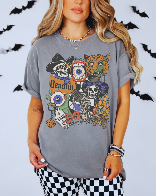 Spooky Retro Halloween Graphic Tee – Witchy Goth T-Shirt with Skeletons, Tiger, Eyeball & Flames | Vintage Horror Aesthetic