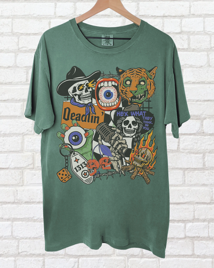Spooky Retro Halloween Graphic Tee – Witchy Goth T-Shirt with Skeletons, Tiger, Eyeball & Flames | Vintage Horror Aesthetic