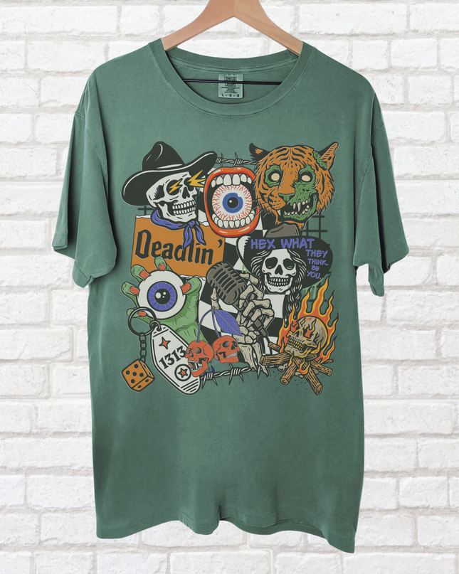 Spooky Retro Halloween Graphic Tee – Witchy Goth T-Shirt with Skeletons, Tiger, Eyeball & Flames | Vintage Horror Aesthetic