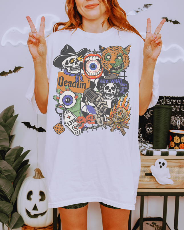 Spooky Retro Halloween Graphic Tee – Witchy Goth T-Shirt with Skeletons, Tiger, Eyeball & Flames | Vintage Horror Aesthetic
