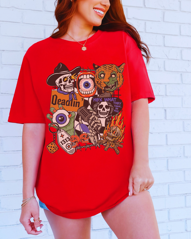 Spooky Retro Halloween Graphic Tee – Witchy Goth T-Shirt with Skeletons, Tiger, Eyeball & Flames | Vintage Horror Aesthetic