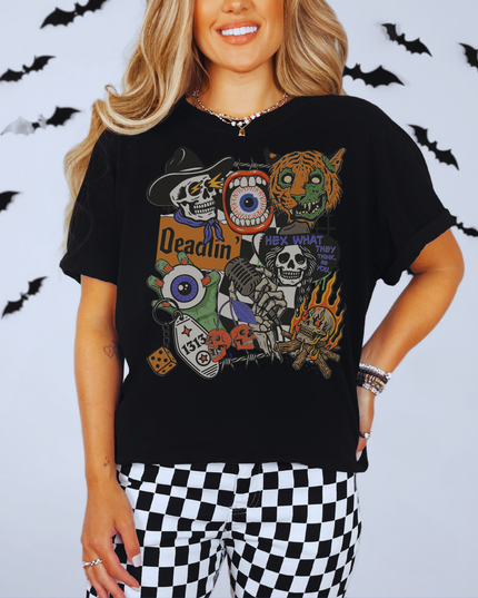 Spooky Retro Halloween Graphic Tee – Witchy Goth T-Shirt with Skeletons, Tiger, Eyeball & Flames | Vintage Horror Aesthetic