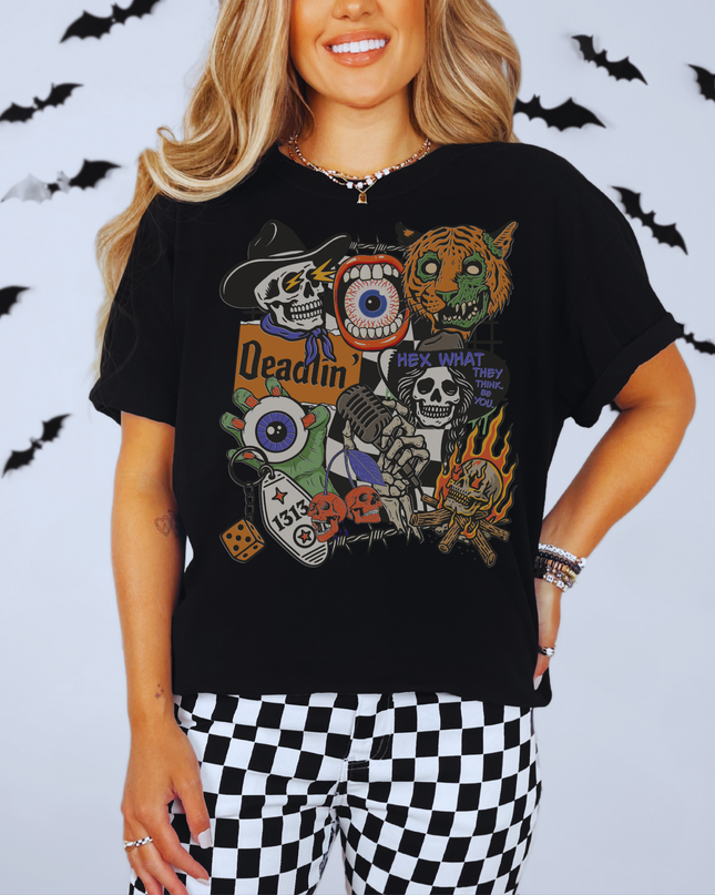 Spooky Retro Halloween Graphic Tee – Witchy Goth T-Shirt with Skeletons, Tiger, Eyeball & Flames | Vintage Horror Aesthetic