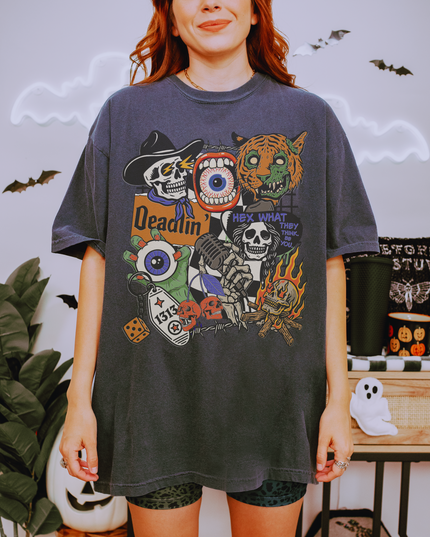Spooky Retro Halloween Graphic Tee – Witchy Goth T-Shirt with Skeletons, Tiger, Eyeball & Flames | Vintage Horror Aesthetic