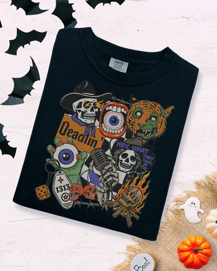 Spooky Retro Halloween Graphic Tee – Witchy Goth T-Shirt with Skeletons, Tiger, Eyeball & Flames | Vintage Horror Aesthetic