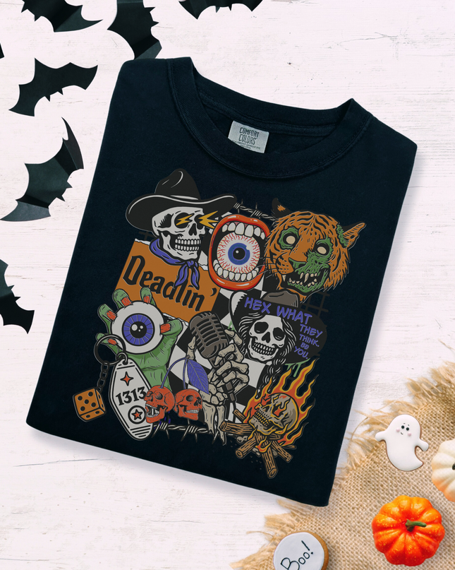 Spooky Retro Halloween Graphic Tee – Witchy Goth T-Shirt with Skeletons, Tiger, Eyeball & Flames | Vintage Horror Aesthetic
