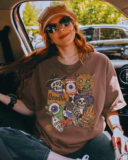 Spooky Retro Halloween Graphic Tee – Witchy Goth T-Shirt with Skeletons, Tiger, Eyeball & Flames | Vintage Horror Aesthetic
