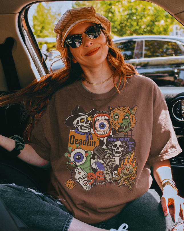 Spooky Retro Halloween Graphic Tee – Witchy Goth T-Shirt with Skeletons, Tiger, Eyeball & Flames | Vintage Horror Aesthetic