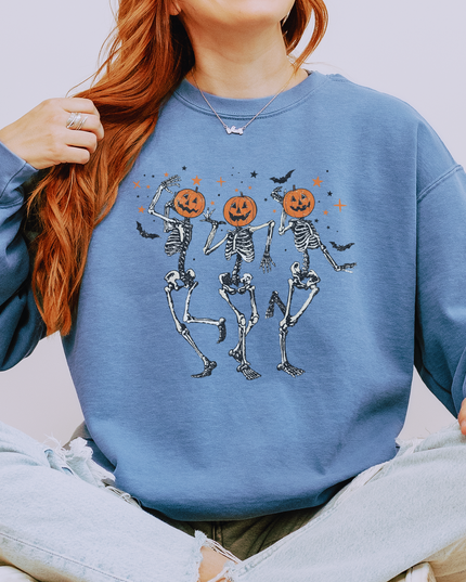 Halloween Skeleton Sweatshirt, Unisex Garment-Dyed Crewneck, Spooky Fall Fashion, Pumpkin Design, Cozy Halloween Apparel