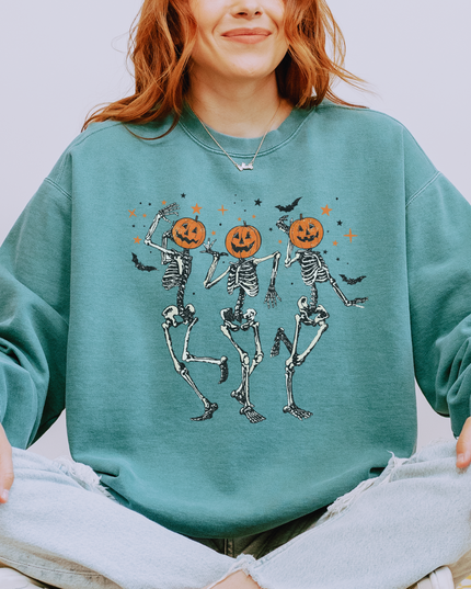Halloween Skeleton Sweatshirt, Unisex Garment-Dyed Crewneck, Spooky Fall Fashion, Pumpkin Design, Cozy Halloween Apparel