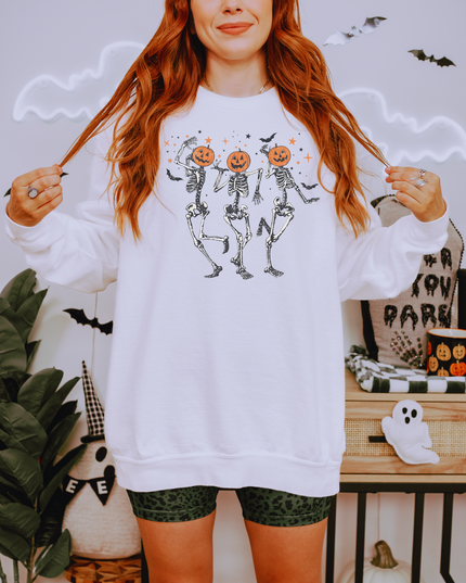 Halloween Skeleton Sweatshirt, Unisex Garment-Dyed Crewneck, Spooky Fall Fashion, Pumpkin Design, Cozy Halloween Apparel