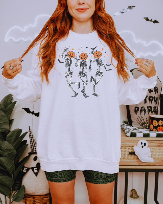 Halloween Skeleton Sweatshirt, Unisex Garment-Dyed Crewneck, Spooky Fall Fashion, Pumpkin Design, Cozy Halloween Apparel
