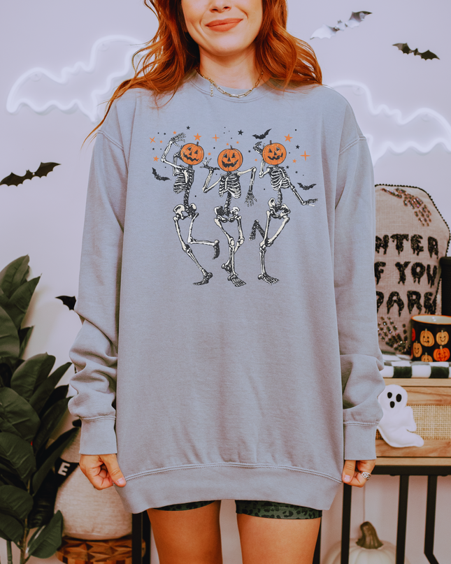 Halloween Skeleton Sweatshirt, Unisex Garment-Dyed Crewneck, Spooky Fall Fashion, Pumpkin Design, Cozy Halloween Apparel