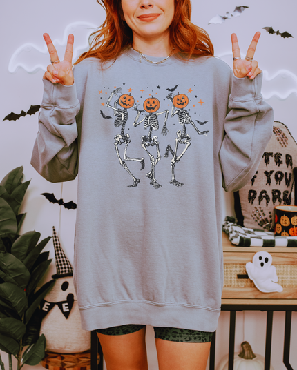 Halloween Skeleton Sweatshirt, Unisex Garment-Dyed Crewneck, Spooky Fall Fashion, Pumpkin Design, Cozy Halloween Apparel