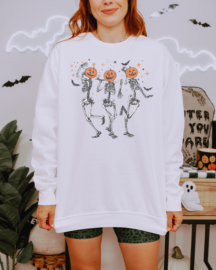 Halloween Skeleton Sweatshirt, Unisex Garment-Dyed Crewneck, Spooky Fall Fashion, Pumpkin Design, Cozy Halloween Apparel