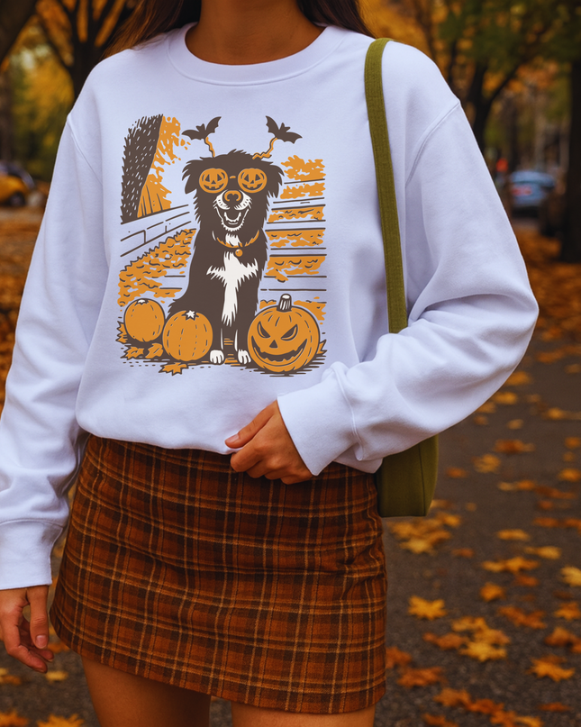 Halloween Themed Unisex Sweatshirt, Cozy Fall Apparel, Dog Lover Gift, Pumpkin Decor, Casual Fall Fashion, Spooky Season Sweatshirt