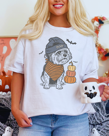 Halloween Dog Shirt – Cute Shih Tzu Graphic Tee, Fall Pumpkin Ghost Bat T-Shirt, Cozy Spooky Season Top for Women