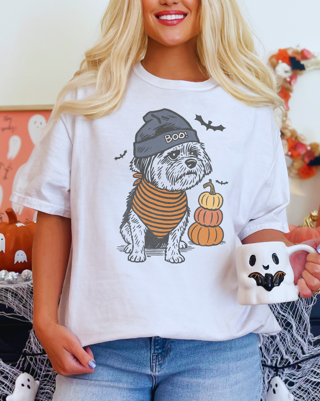 Halloween Dog Shirt – Cute Shih Tzu Graphic Tee, Fall Pumpkin Ghost Bat T-Shirt, Cozy Spooky Season Top for Women