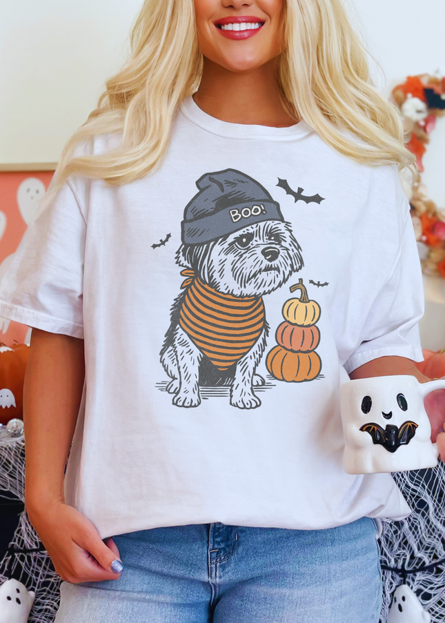 Halloween Dog Shirt – Cute Shih Tzu Graphic Tee, Fall Pumpkin Ghost Bat T-Shirt, Cozy Spooky Season Top for Women