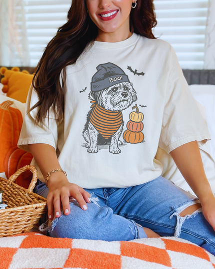 Halloween Dog Shirt – Cute Shih Tzu Graphic Tee, Fall Pumpkin Ghost Bat T-Shirt, Cozy Spooky Season Top for Women
