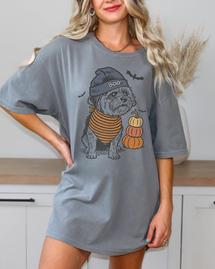 Halloween Dog Shirt – Cute Shih Tzu Graphic Tee, Fall Pumpkin Ghost Bat T-Shirt, Cozy Spooky Season Top for Women