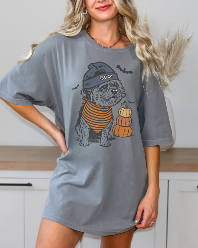 Halloween Dog Shirt – Cute Shih Tzu Graphic Tee, Fall Pumpkin Ghost Bat T-Shirt, Cozy Spooky Season Top for Women