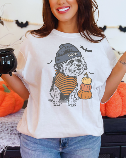 Halloween Dog Shirt – Cute Shih Tzu Graphic Tee, Fall Pumpkin Ghost Bat T-Shirt, Cozy Spooky Season Top for Women