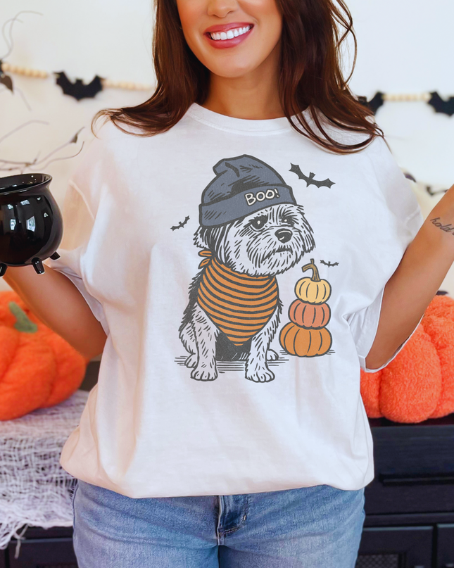Halloween Dog Shirt – Cute Shih Tzu Graphic Tee, Fall Pumpkin Ghost Bat T-Shirt, Cozy Spooky Season Top for Women