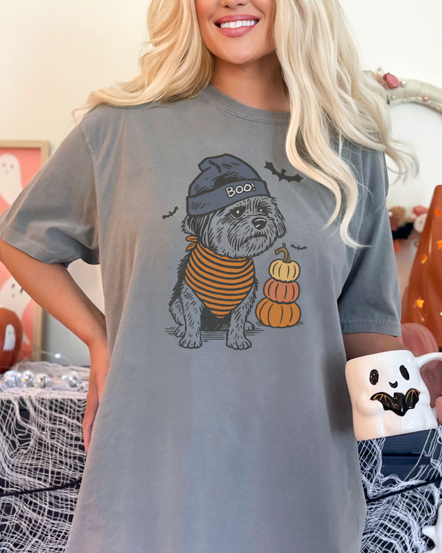 Halloween Dog Shirt – Cute Shih Tzu Graphic Tee, Fall Pumpkin Ghost Bat T-Shirt, Cozy Spooky Season Top for Women