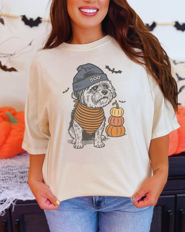 Halloween Dog Shirt – Cute Shih Tzu Graphic Tee, Fall Pumpkin Ghost Bat T-Shirt, Cozy Spooky Season Top for Women