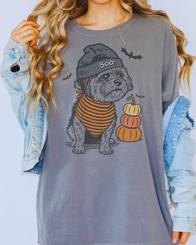 Halloween Dog Shirt – Cute Shih Tzu Graphic Tee, Fall Pumpkin Ghost Bat T-Shirt, Cozy Spooky Season Top for Women