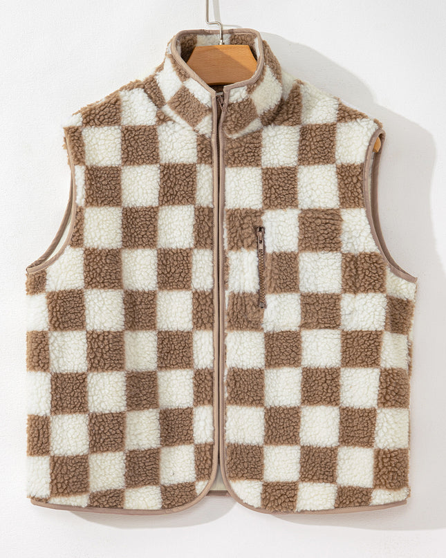 Khaki Checkered Sherpa Collared Jacket Vest