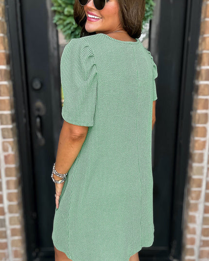 Blossom Corded Crew Neck Puff Sleeve Mini Dress